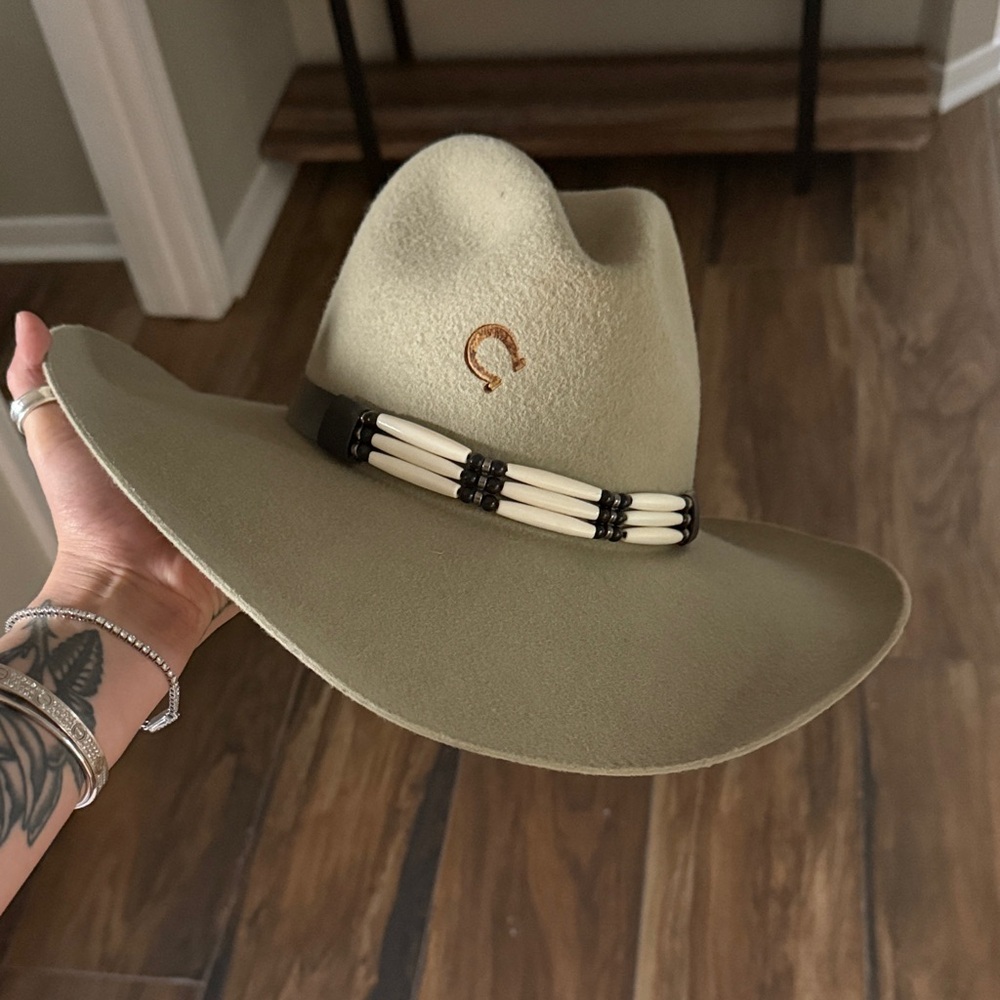 Elegant Olive Wide-Brim Hat with Beaded Band